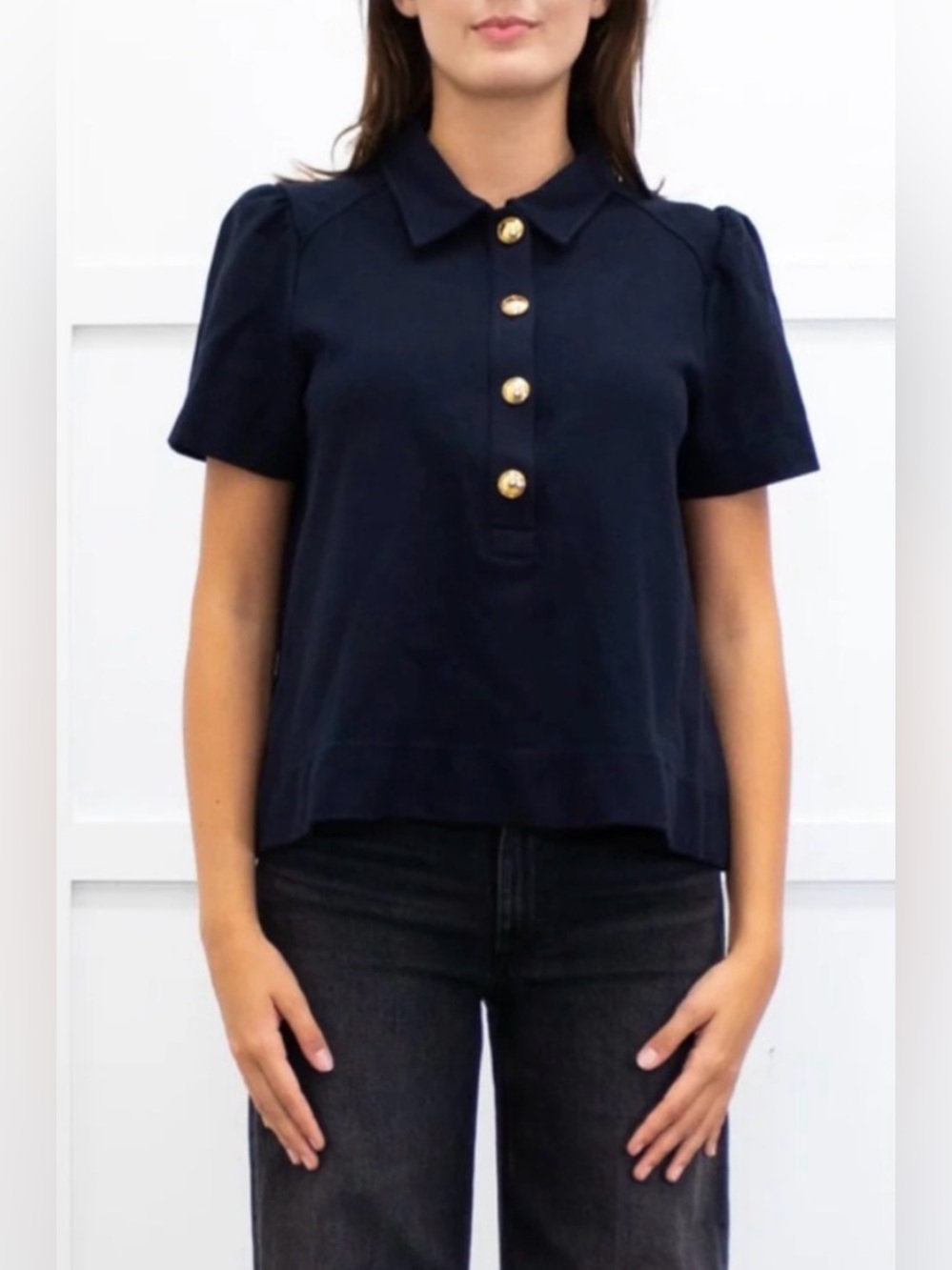 ME+EM Puff Sleeve Polo Shirt Navy Gold Buttons, Size 12 (Large) - Coastal Chic